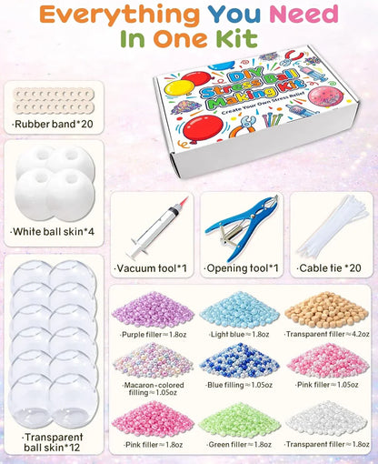 DIY Stress Ball Making Kit with 14.1 oz Filler, 16 TPR Skins, Vacuum Tool, 20 Cable Tie for Create ASMR Anxiety Relief Toys Crunchy Relaxing for Adult