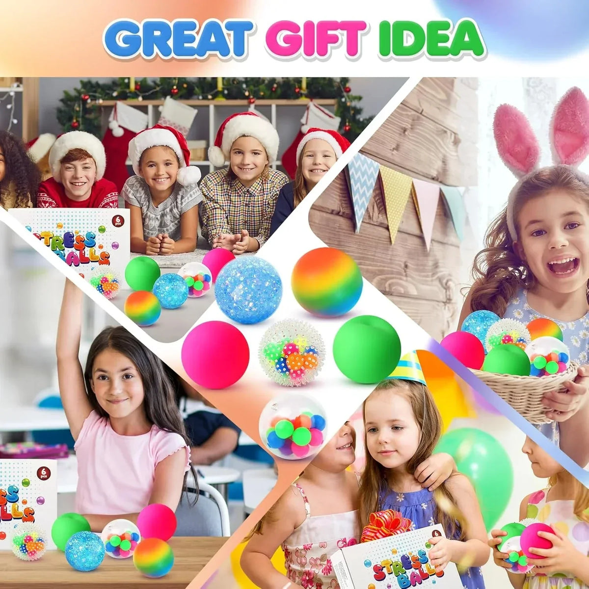 6 Set Squishy Sensory Stress Squeezing Balls forAdults: Best Calming Tool to Relieve Anxiety, Vent Mood and Improve Focus, Easter Basket Stuffers for Kids, Goodie Bag Stuffers