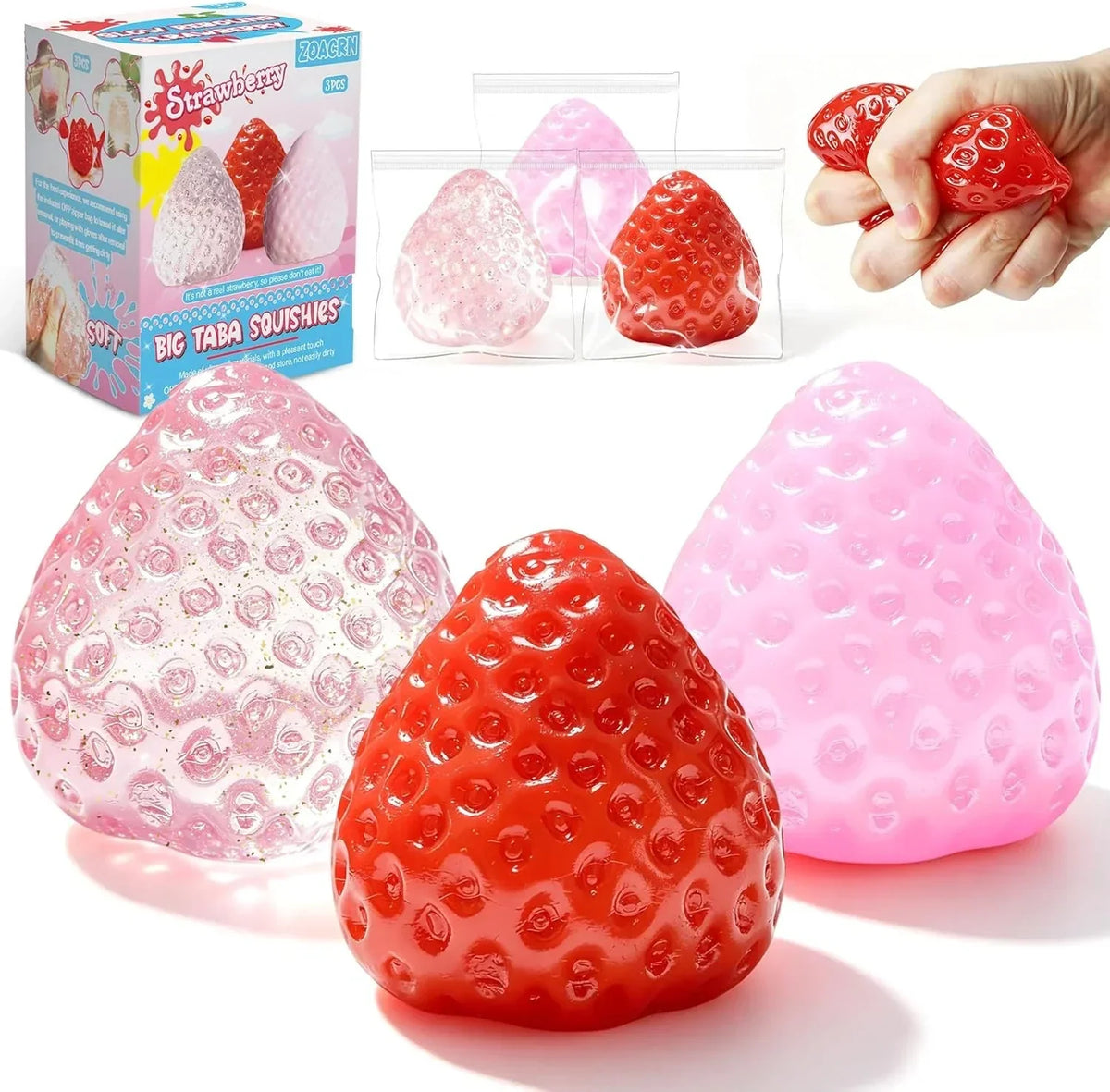 3Pcs Big Taba Squishies Strawberry, Cute Strawberry Squeeze Toys, Upgrade Fruit Squishies, Kawaii Sticky Stress Toy, Clear Fidget Toys, Valentines Gift for Kids, Teen Boys Girls Birthday Gift Ideas