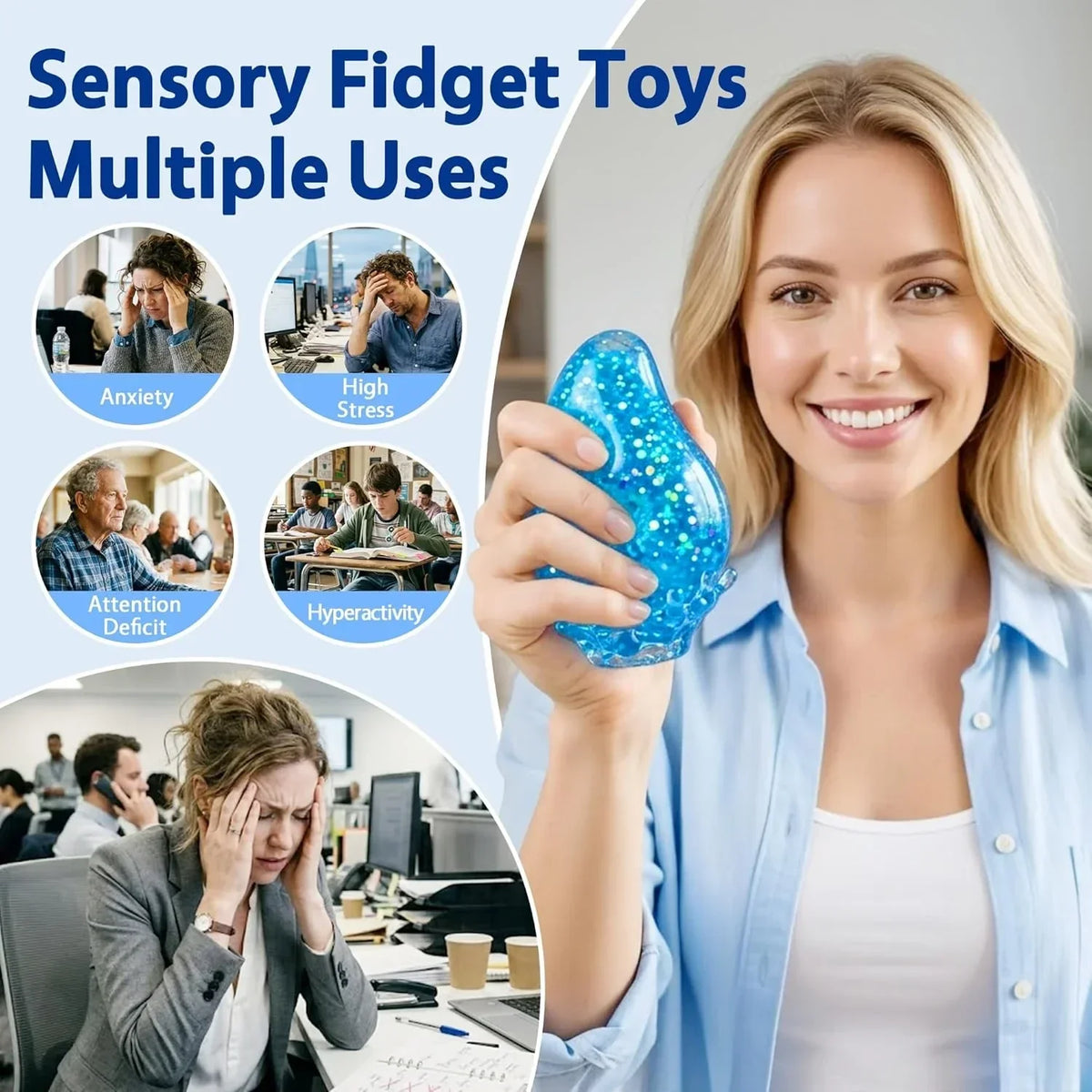Water Drop Squishy Fidget Toy, Slow Rising Glitter Stress Ball with Sealed TPR Skin, Soft Sensory Squeeze Toy for Stress Relief, Desk Fidget, Classroom Prizes, Party Favors for Teens Adults