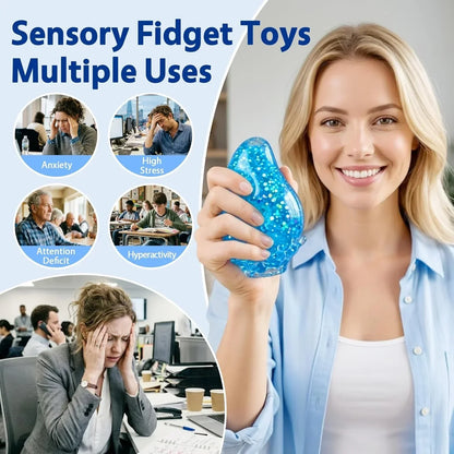 Water Drop Squishy Fidget Toy, Slow Rising Glitter Stress Ball with Sealed TPR Skin, Soft Sensory Squeeze Toy for Stress Relief, Desk Fidget, Classroom Prizes, Party Favors for Teens Adults