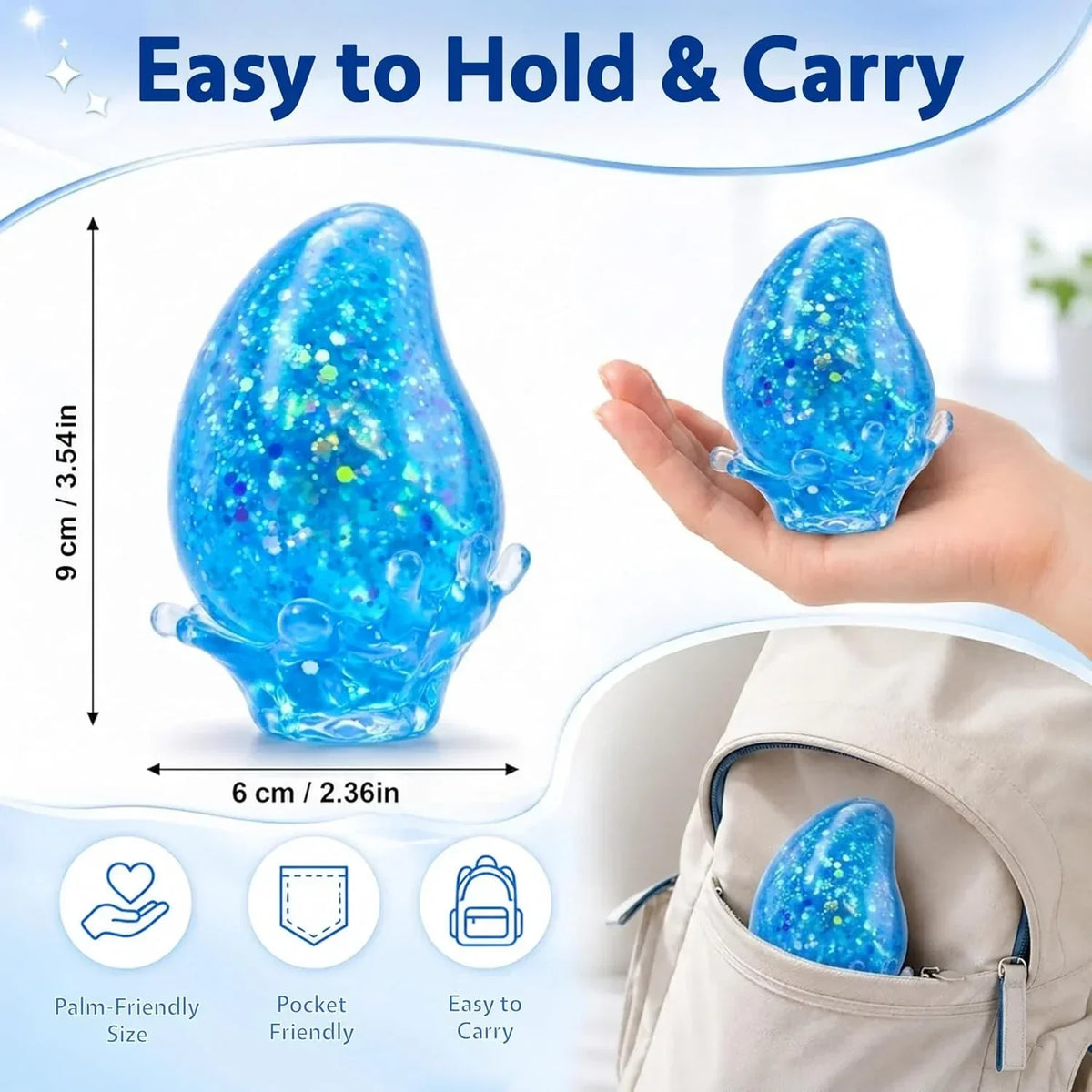 Water Drop Squishy Fidget Toy, Slow Rising Glitter Stress Ball with Sealed TPR Skin, Soft Sensory Squeeze Toy for Stress Relief, Desk Fidget, Classroom Prizes, Party Favors for Teens Adults