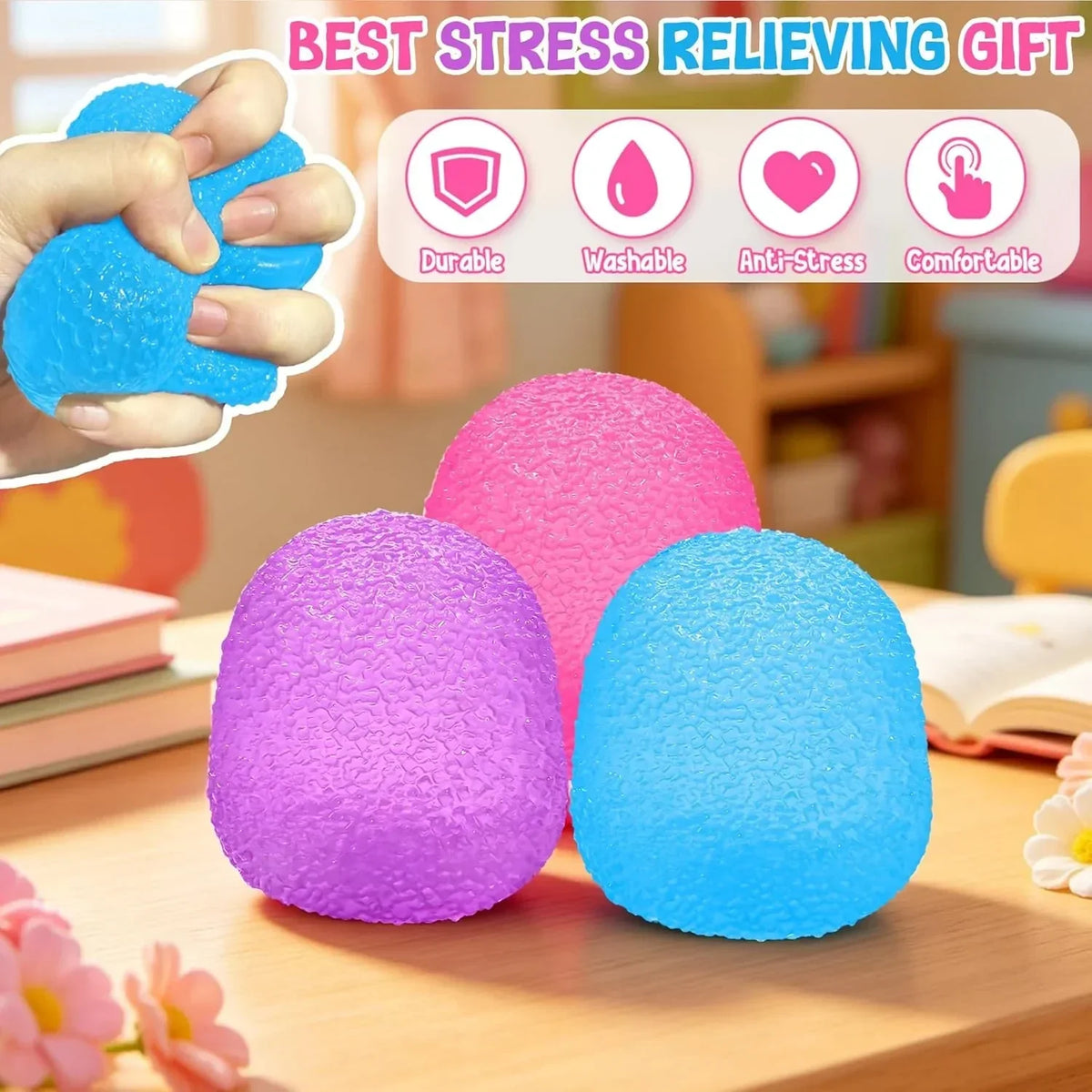 Squishies Squeeze Toys, Textured Stress Balls Gumdrop Fidget Toys for Kids and Adults, Sensory Toys Squeeze Balls for Stress Relief, Birthday Gift, Easter Basket Stuffers Party Favors (Blue)