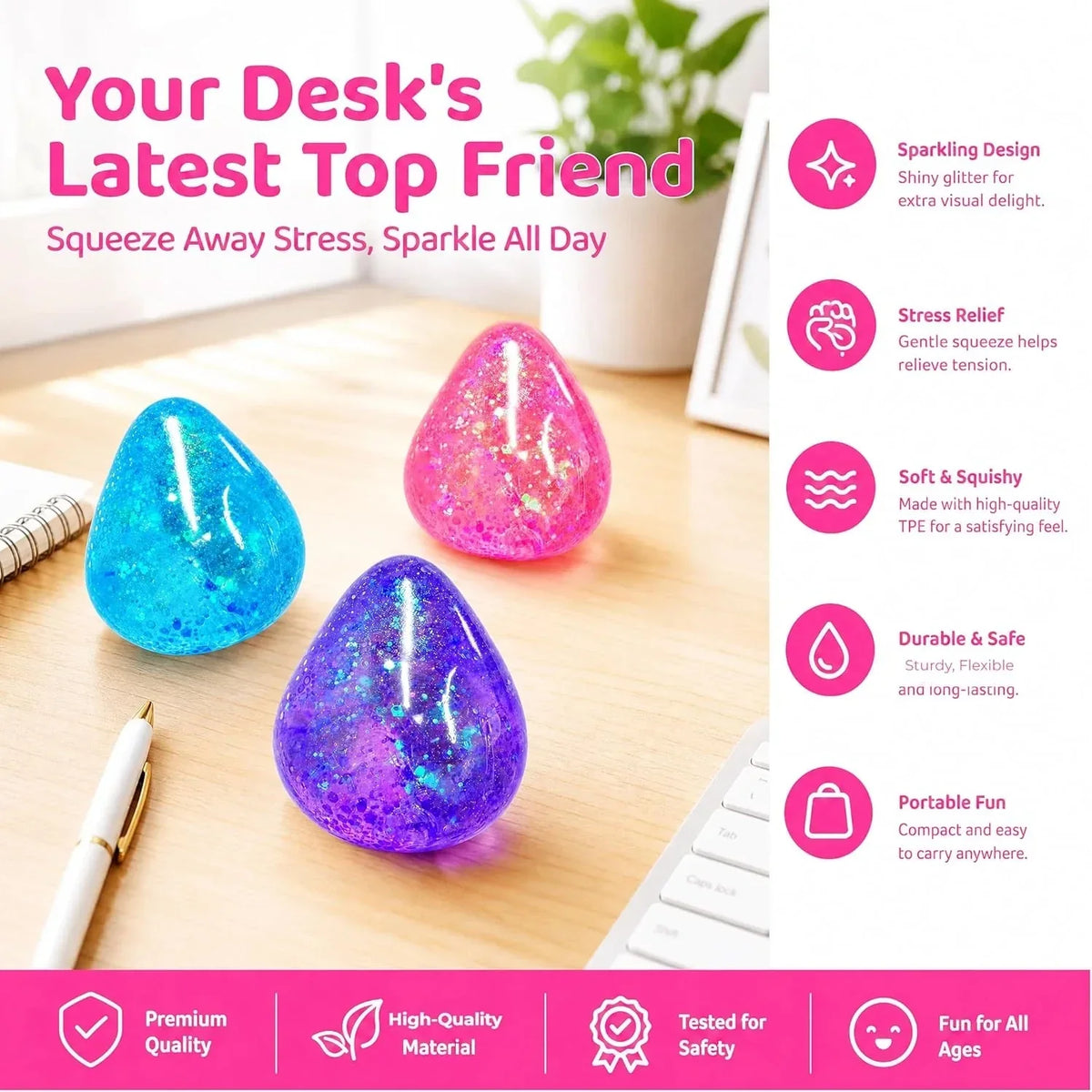 Squishy Drop Stress Balls for Girls & Kids, Glitter Pink Squeeze Stress Sugar Ball, Slow Rising Sugar Squishy Toys, Sensory Fidget Toy for Anxiety Relief, Party Favors and Birthday Gifts