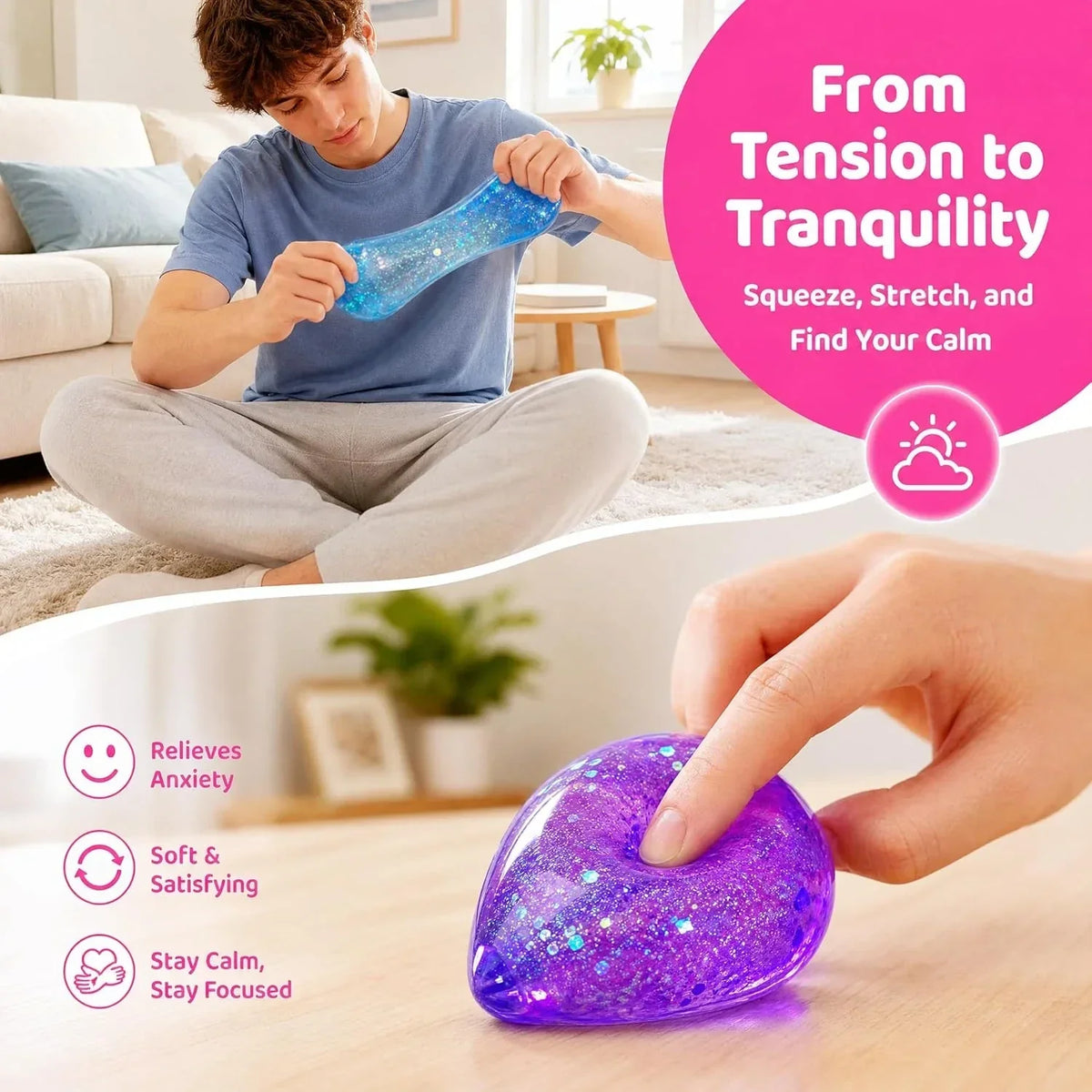 Squishy Drop Stress Balls for Girls & Kids, Glitter Pink Squeeze Stress Sugar Ball, Slow Rising Sugar Squishy Toys, Sensory Fidget Toy for Anxiety Relief, Party Favors and Birthday Gifts