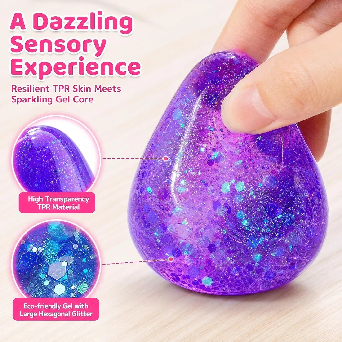 Squishy Drop Stress Balls for Girls & Kids, Glitter Pink Squeeze Stress Sugar Ball, Slow Rising Sugar Squishy Toys, Sensory Fidget Toy for Anxiety Relief, Party Favors and Birthday Gifts