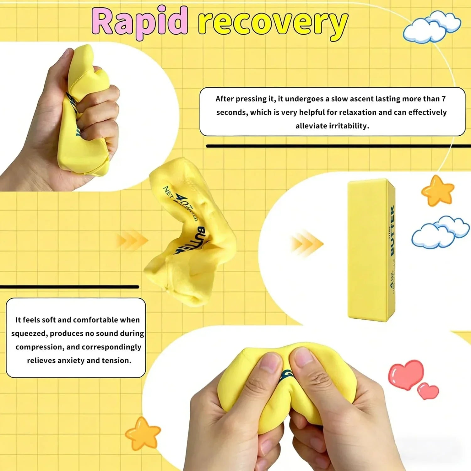 Slow Rising Squishy Butter Squeeze Toys Pack Sensory Stress Relief Squishies Soft & Stretchy Fidget Toys for Anxiety Relief Party Favors Squishy Butter (1pc)