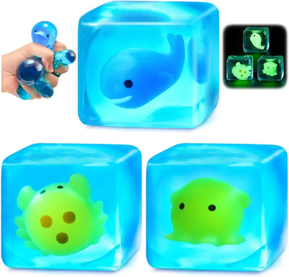 Squishy Stress Cube Fidget Toys Adults - Glow in The Dark Sensory Toys for Kids with Autism Stress Balls for Kids Teens Squeeze Toys for Anxiety Easter Basket Stuffers - US 2754