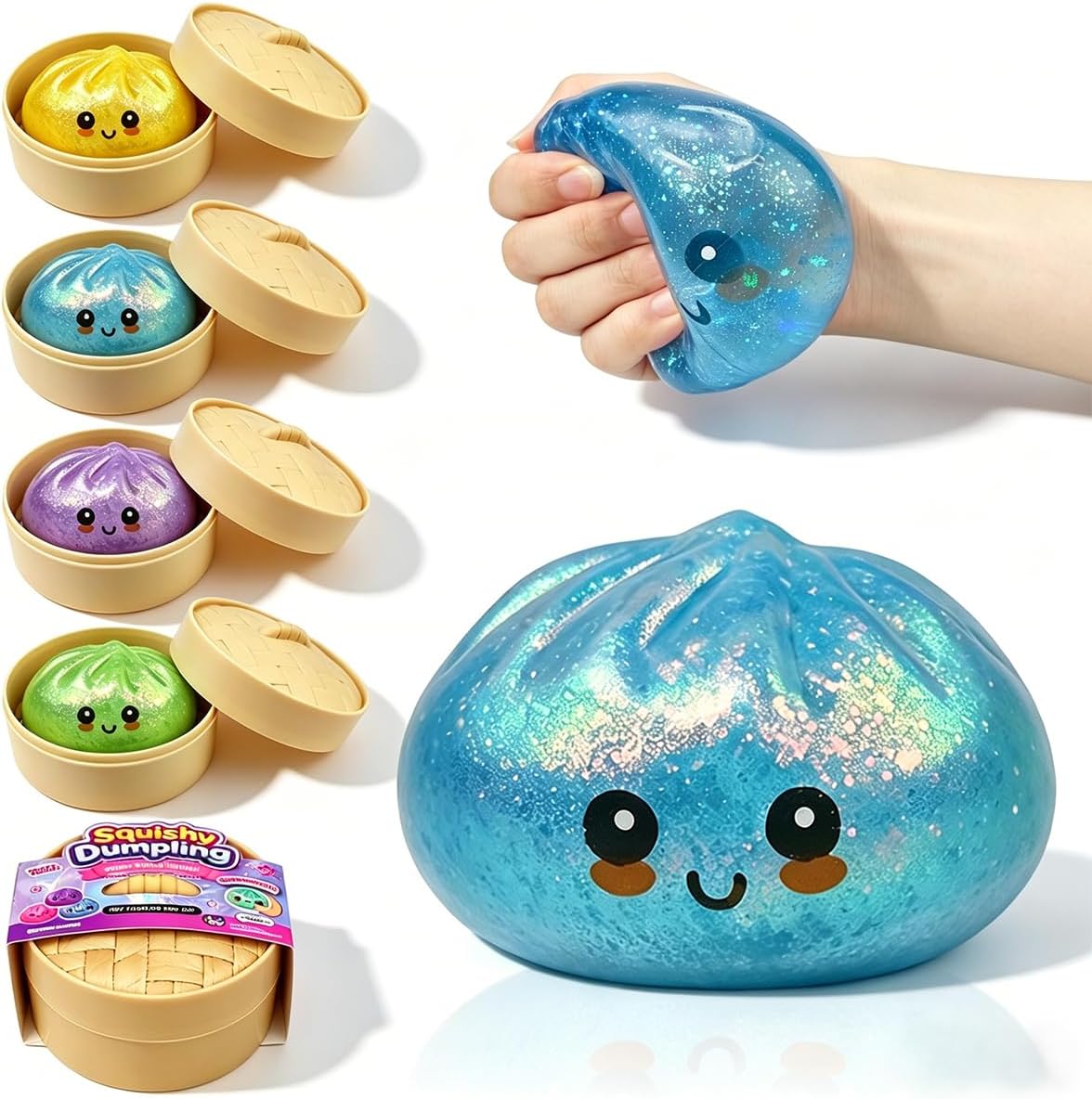 Anditoy Dumpling Stress Balls Glitter Squishy Toys Giant Squishy Mystery Box Squeeze Toys for Adults Stress Relief Desk Toys Kids Party Favors Birthday Gifts (Blue) - US 4673