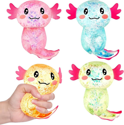 Sezua Squishy Fidget Stress Ball - 4 Pack Taba Squishies Squeeze Sensory Axolotl Toys, Axolotl Squishy Sugar Stress Ball Toys for Adults Kid, Glitter Salamander Gift for Party Birthday Christmas - US 8967