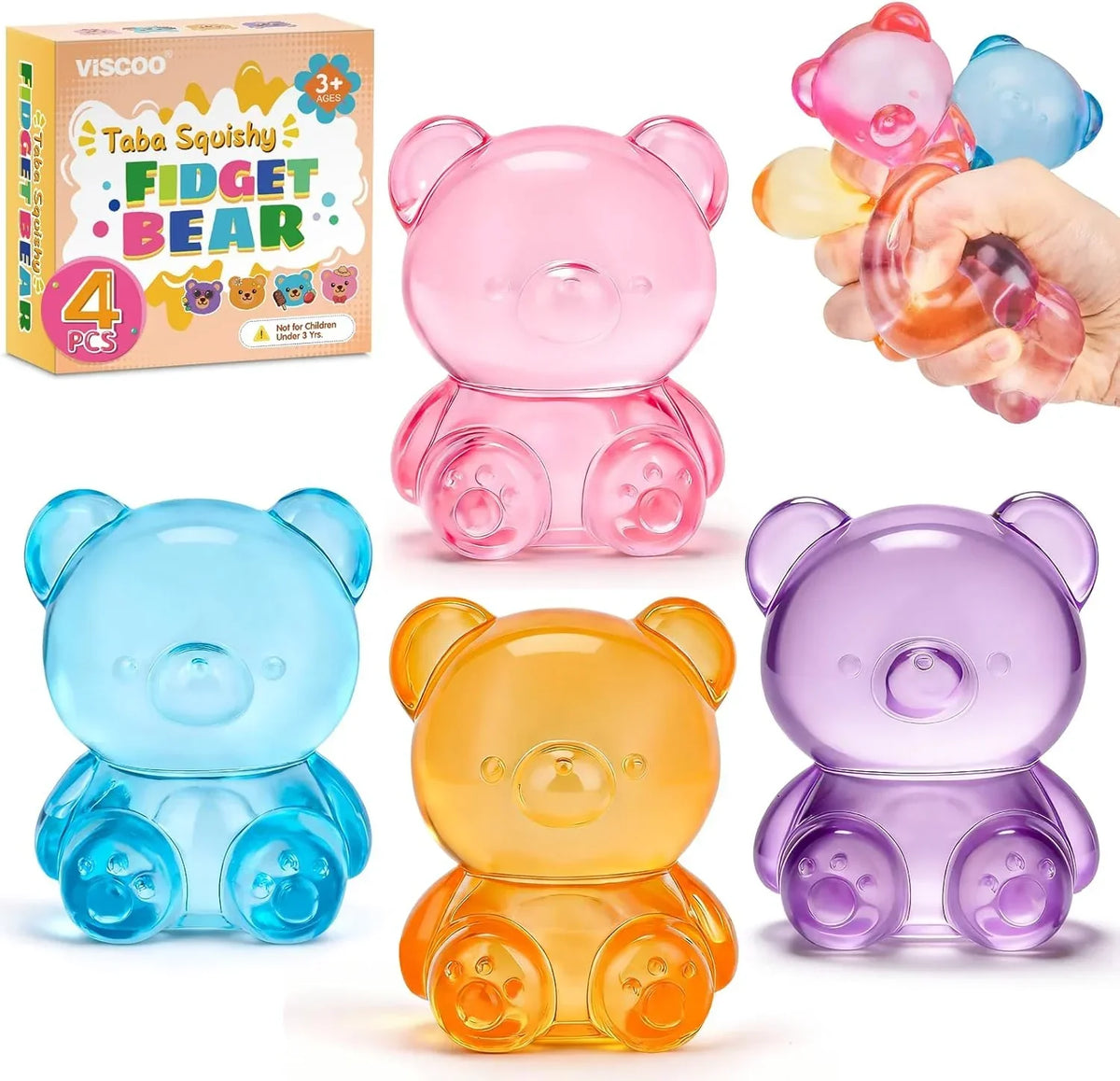 VISCOO 4 Pack Stress Bear Squishy Ball, Sugar Filled Gummy Bear Toys, Taba Squishy Toys for Kids Stress Relief, High Density Stress Balls for Calming - Soft Squeeze Balls Party Favors Birthday Gifts - US 6488