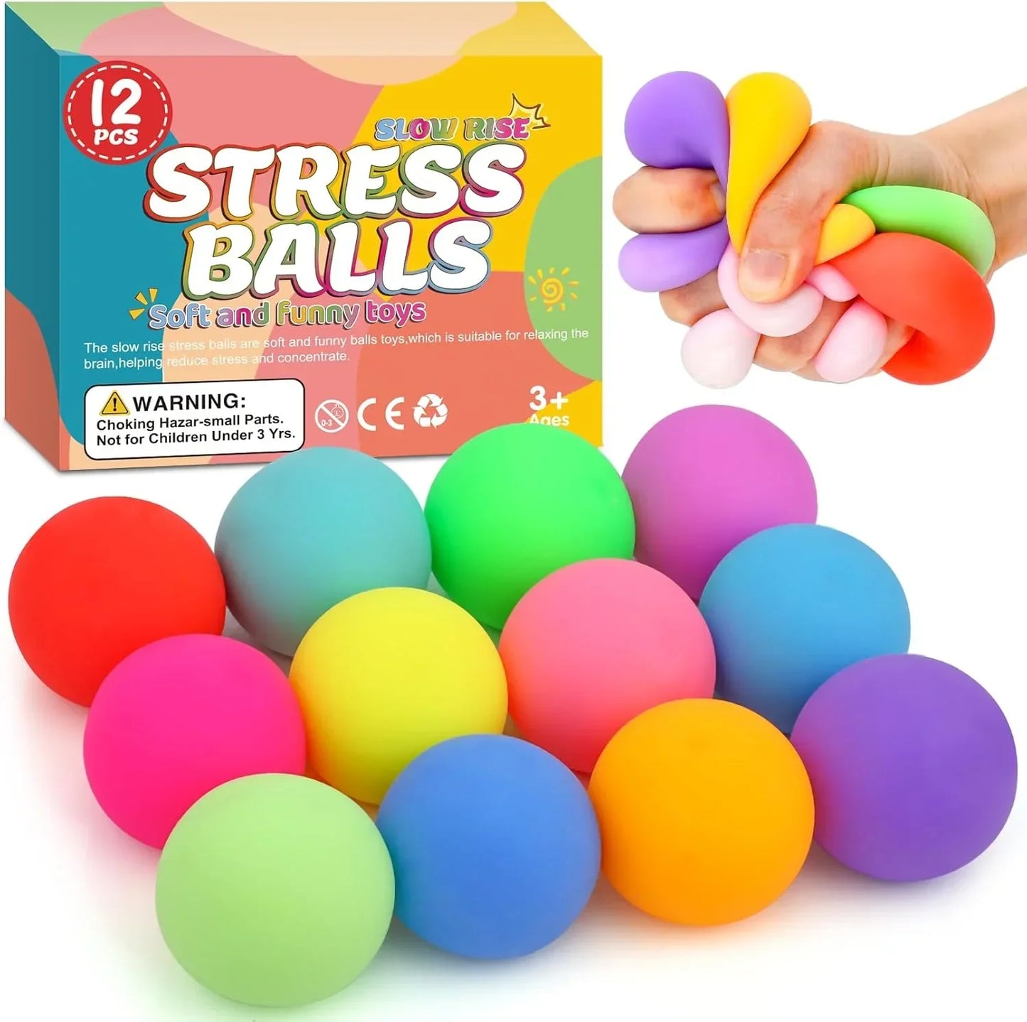 12 Pack Slow Rising Stress Ball,Stress Balls for Kids Adults,Stretchy Fidget Toys for Stress Relief,Hand Therapy Sensory Squishy Ball, Squishy Toys for Kids, Classroom Prize Box Party Favors - US 5561