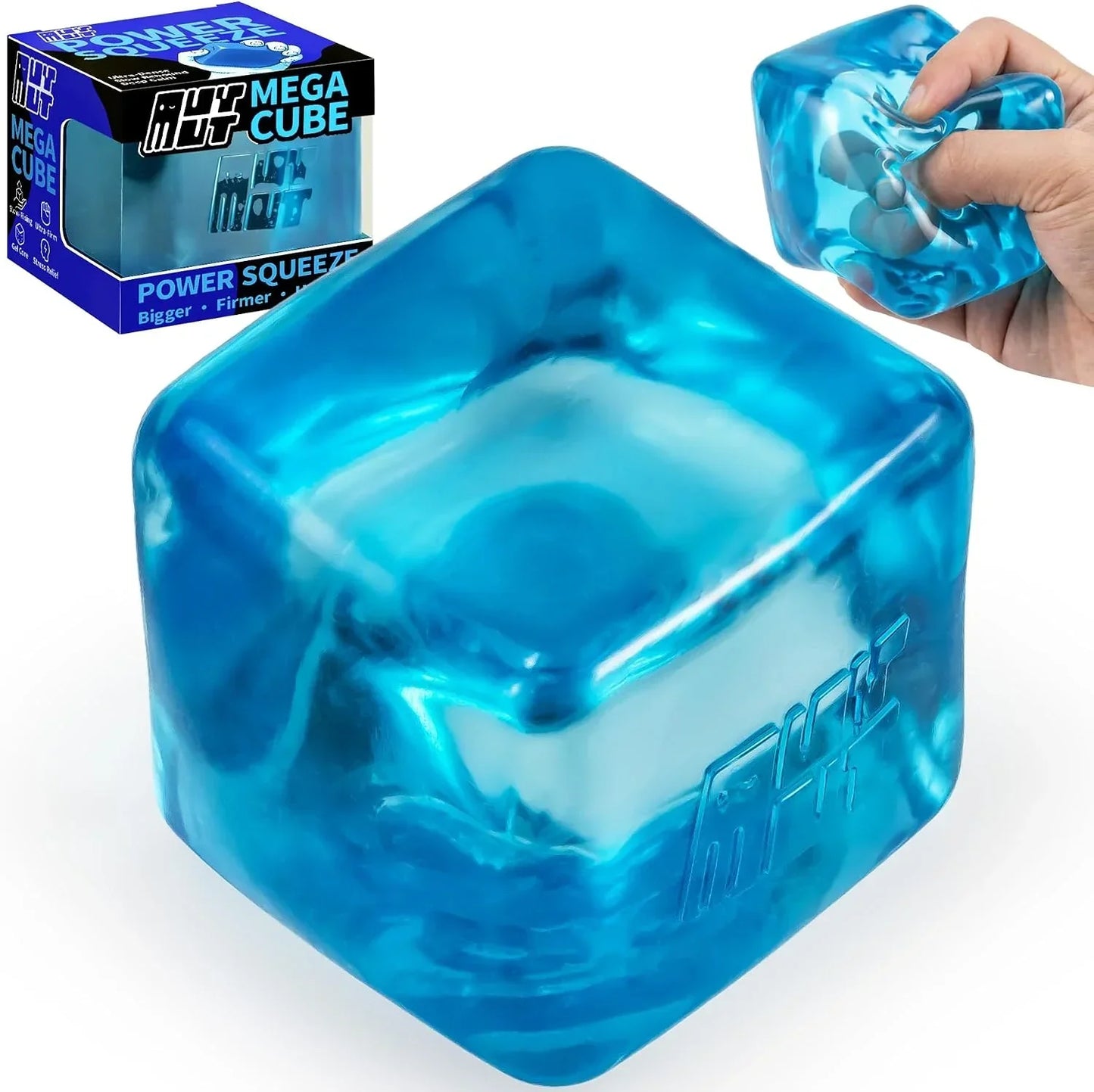 Premium MEGA Cube – Oversized Heavy-Duty Squishy Fidget Toy for Big Hands & Adults, Ultra-Firm Gel for Stress Relief & Sensory Focus, Lab & CPC/ASTM Certified (Blue) - US 4755