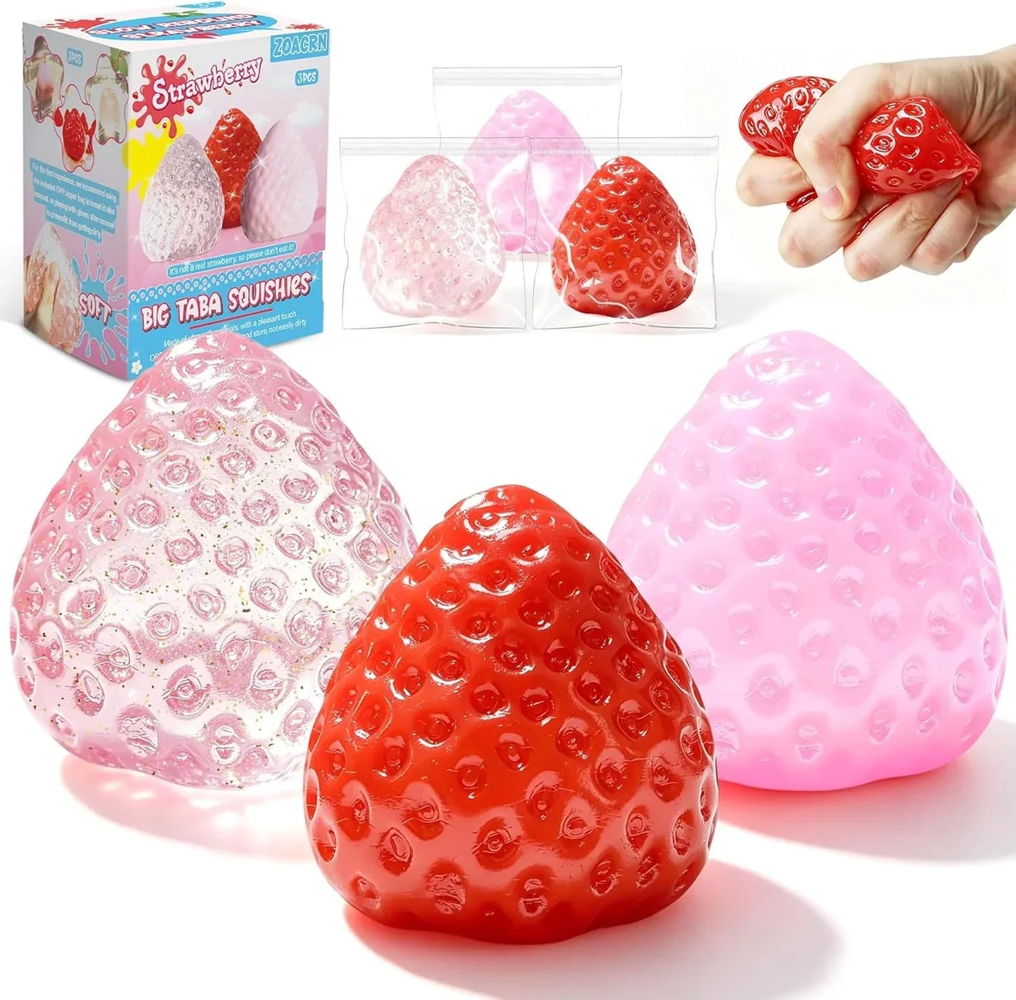 3Pcs Big Taba Squishies Strawberry, Cute Strawberry Squeeze Toys, Upgrade Fruit Squishies, Kawaii Sticky Stress Toy, Clear Fidget Toys, Valentines Gift for Kids, Teen Boys Girls Birthday Gift Ideas - US 6694