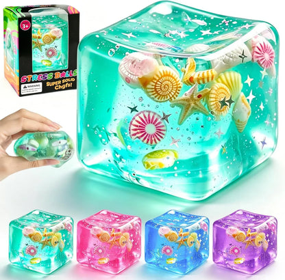 1Pc Ice Cube Squishy Stress Balls,Slow Rising Sensory Fidget Toy with Marine Shells Inside Square Soft Sensory Anxiety Relief Squeeze Cube for Adults Teens Kids(Green) - US 4580