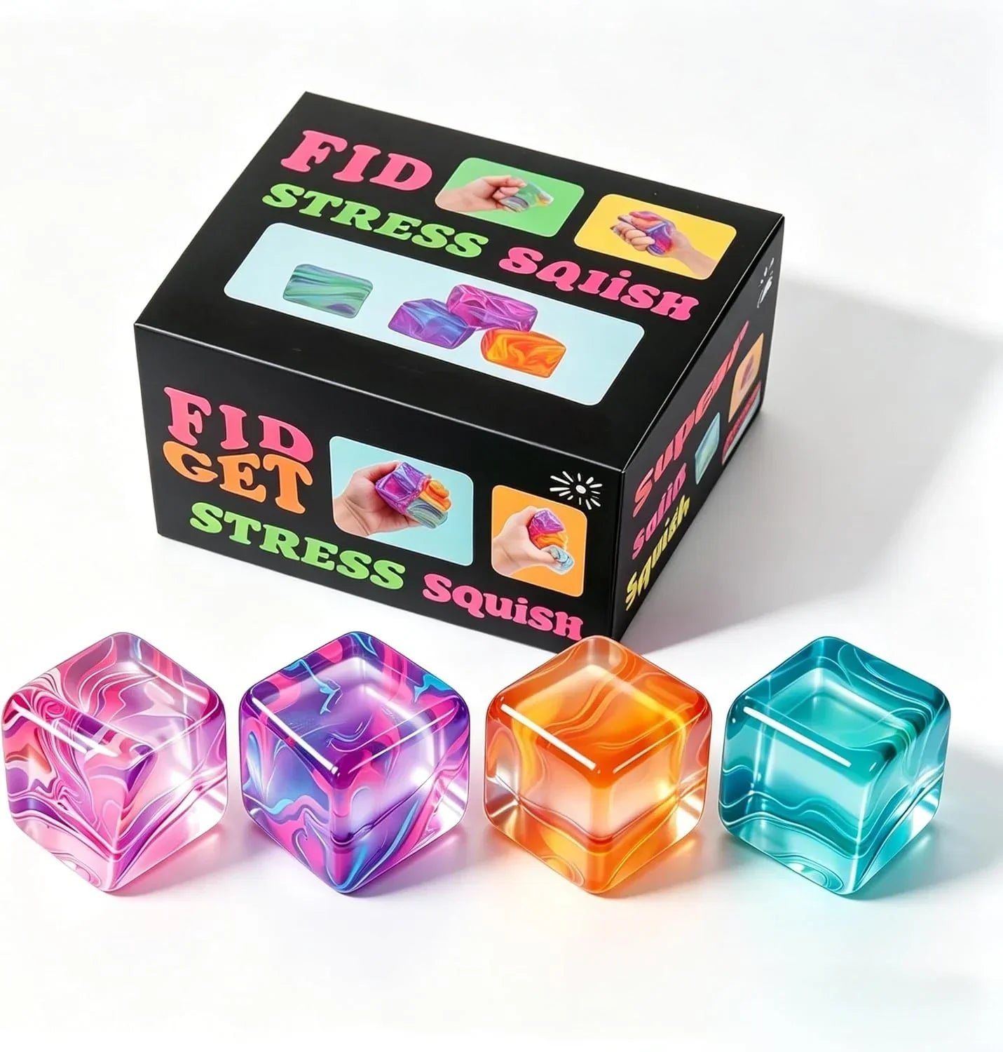 4Pack Fidget Toys Mini Squishy Stress Cube, Stress Balls for Kids, Adults Squishies Anxiety Stress Relief, Ice Squishy Cube Sugar Balls, Sensory Toys for Kids with Autism, Fidgets for Classroom Prize - US 5895